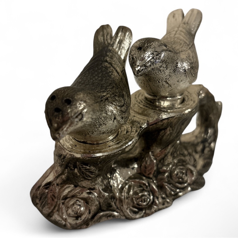 Vintage Silver Tone Bird Salt Pepper Shakers with Floral Base Cottage Decor 3.5”